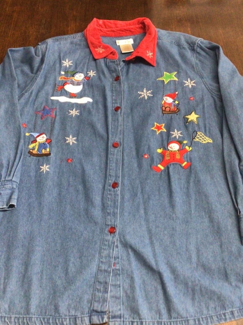 Vintage Bobbie Brooks Christmas button down denim shirt. Size 22w/24W